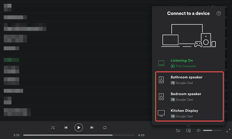  Sélectionnez Chromecast dans la liste d’appareils Spotify 